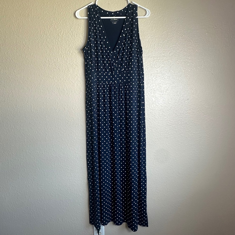 LL Bean Navy Blue Polka Dot Wrap Maxi Dress Sleeveless L REG 502060